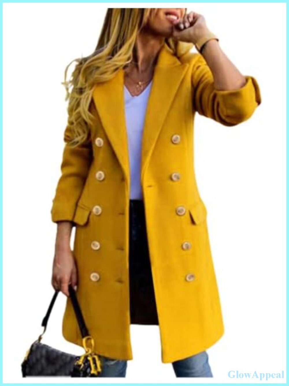 Wool Blend Double Breasted Midi Peacoat Trench Coat Notch Lapel Knee Length